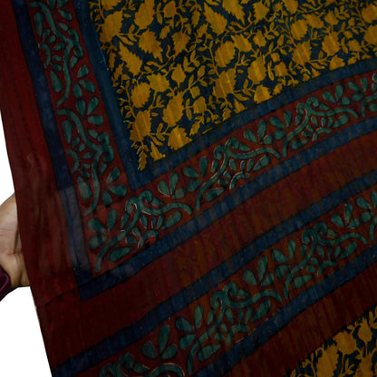 Indian Vintage Sari Green & Maroon Pure Georgette Silk Printed Sarees 5Yd Craft Fabric Sewing Soft Dress Making Floral Quilting Used Upcycle