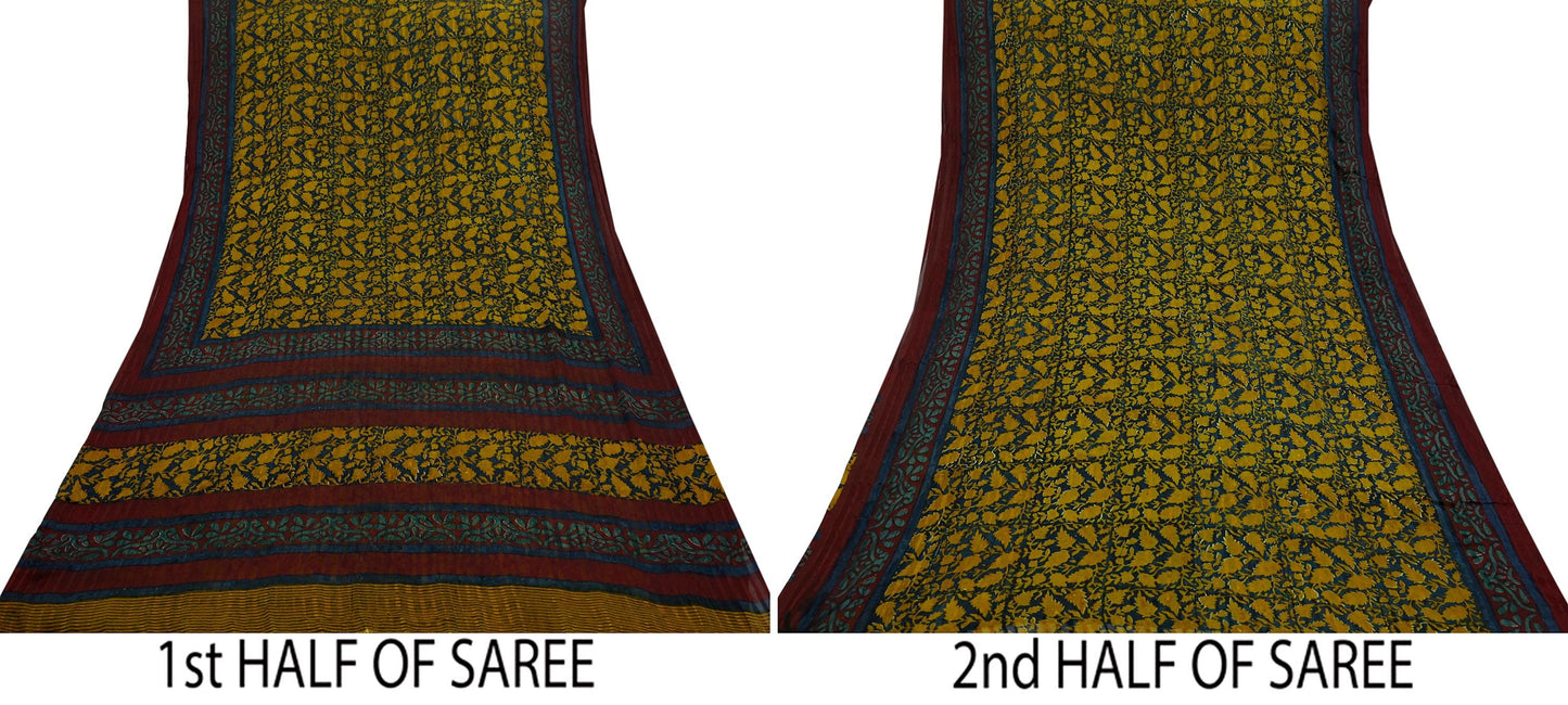 Indian Vintage Sari Green & Maroon Pure Georgette Silk Printed Sarees 5Yd Craft Fabric Sewing Soft Dress Making Floral Quilting Used Upcycle