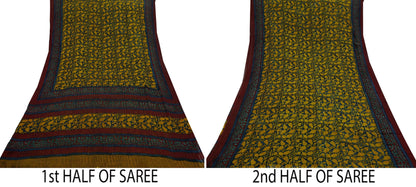Indian Vintage Sari Green & Maroon Pure Georgette Silk Printed Sarees 5Yd Craft Fabric Sewing Soft Dress Making Floral Quilting Used Upcycle