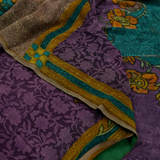 Indian Vintage Saree Purple & Green 100% Pure Georgette Silk Printed Sari Sewing 5yd Craft Fabric Soft Floral Dress Designing for Crafting