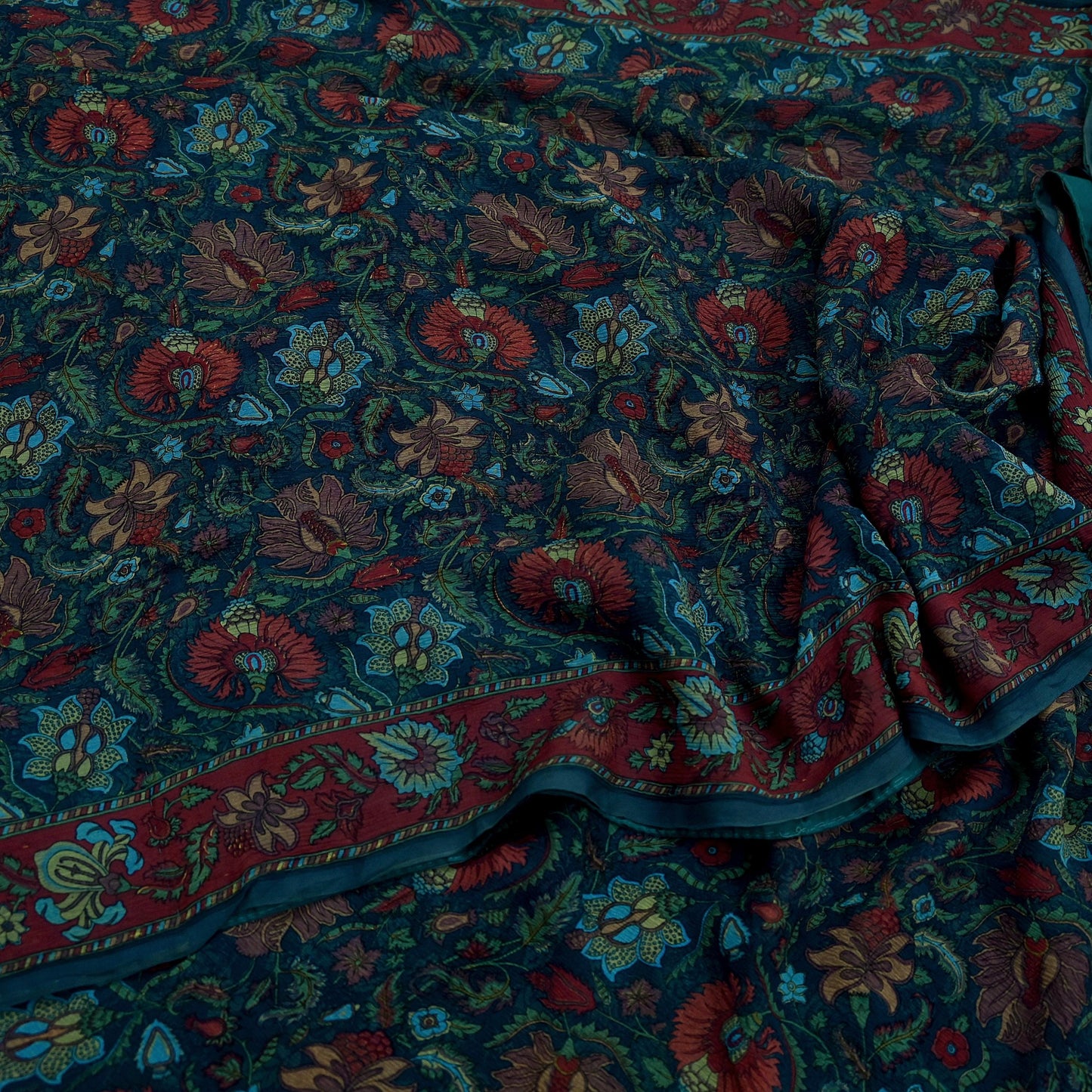 Indian Vintage Sari Green Pure Chiffon Silk Printed Sarees Craft Fabric Sewing 5Yard Soft Light Sari Dress Making Quilting Upcycle Crfating