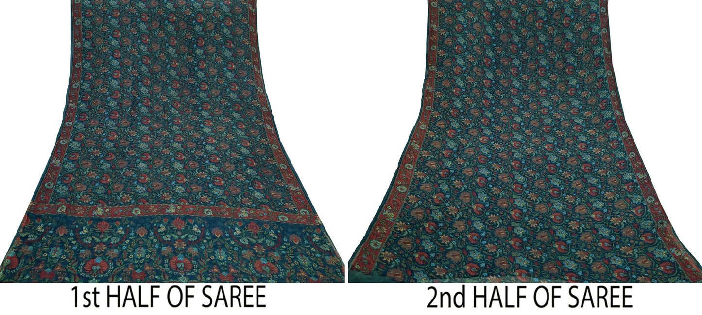 Indian Vintage Sari Green Pure Chiffon Silk Printed Sarees Craft Fabric Sewing 5Yard Soft Light Sari Dress Making Quilting Upcycle Crfating