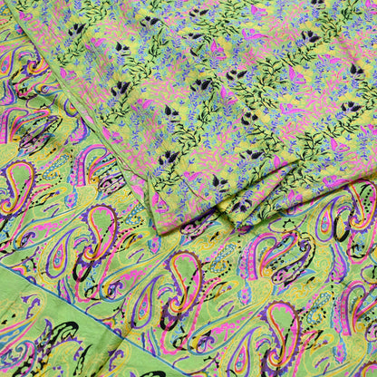 Indian Vintage Sari Green Pure Silk Printed Sarees 5yd Sewing Craft Fabric Dress Making  Soft Floral Wrap Upcycle Used Quilting Crafting