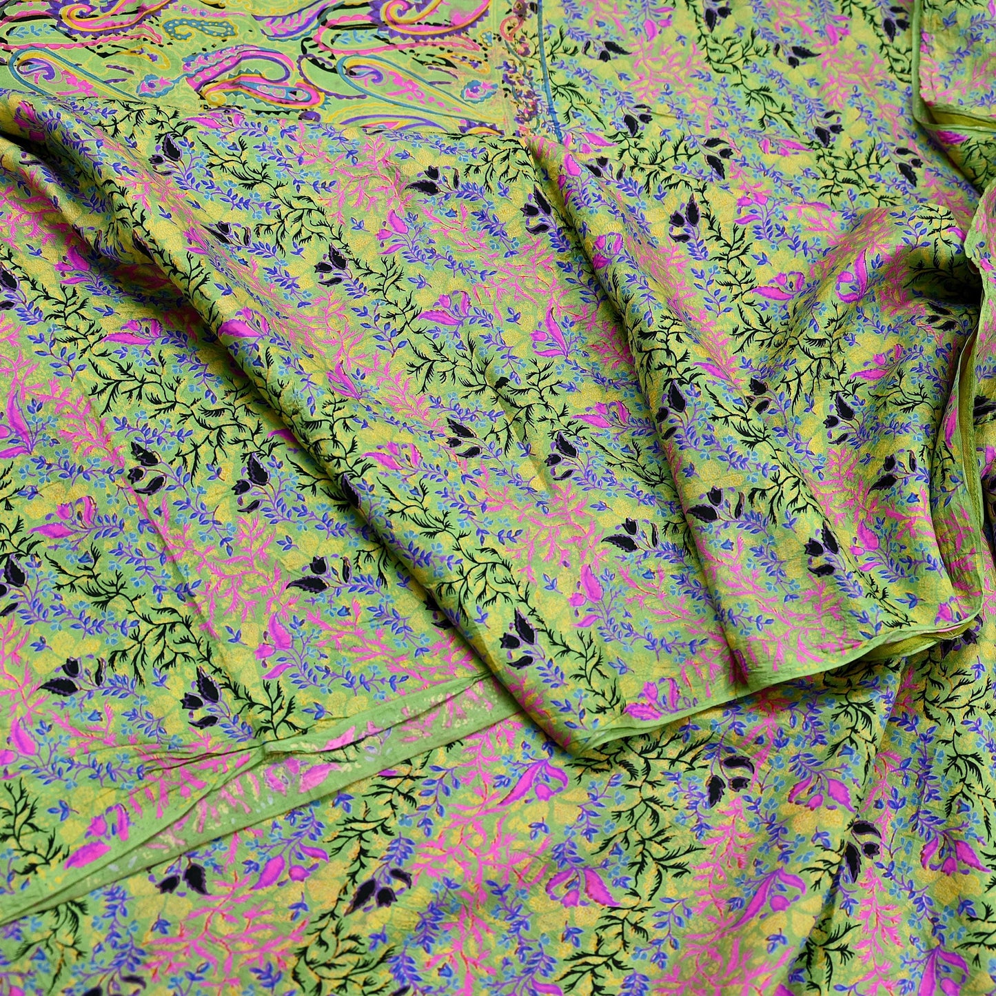 Indian Vintage Sari Green Pure Silk Printed Sarees 5yd Sewing Craft Fabric Dress Making  Soft Floral Wrap Upcycle Used Quilting Crafting