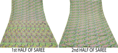 Indian Vintage Sari Green Pure Silk Printed Sarees 5yd Sewing Craft Fabric Dress Making  Soft Floral Wrap Upcycle Used Quilting Crafting