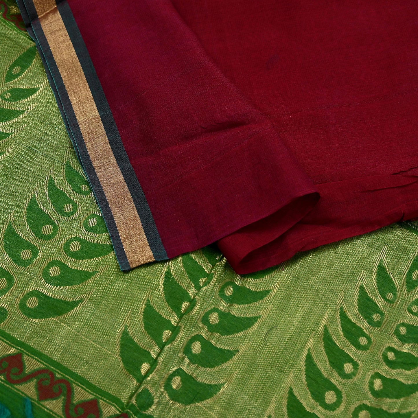 Indian Vintage Dupatta Green & maroon Long Stole Printed Woven Pure Chanderi Silk Indian Scarves Veil Golden Zari Soft Fringes