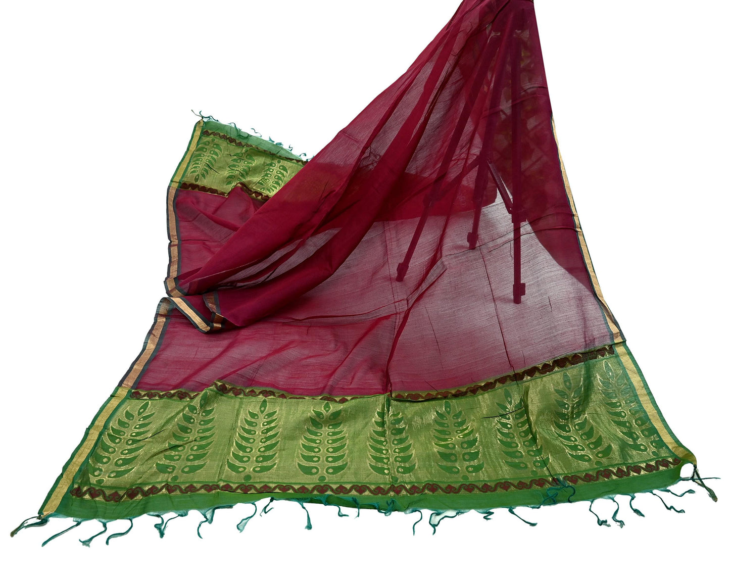 Indian Vintage Dupatta Green & maroon Long Stole Printed Woven Pure Chanderi Silk Indian Scarves Veil Golden Zari Soft Fringes
