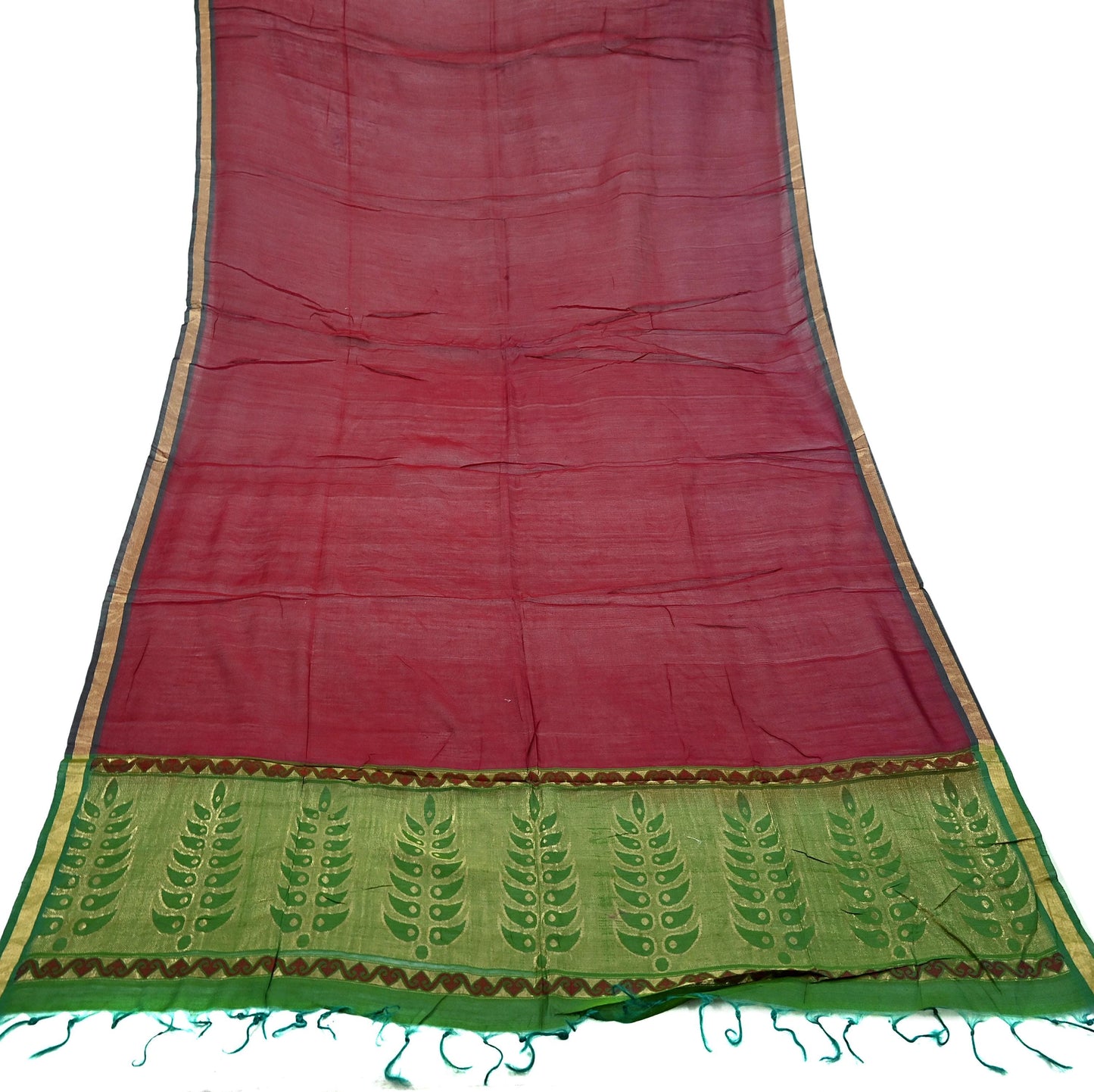 Indian Vintage Dupatta Green & maroon Long Stole Printed Woven Pure Chanderi Silk Indian Scarves Veil Golden Zari Soft Fringes