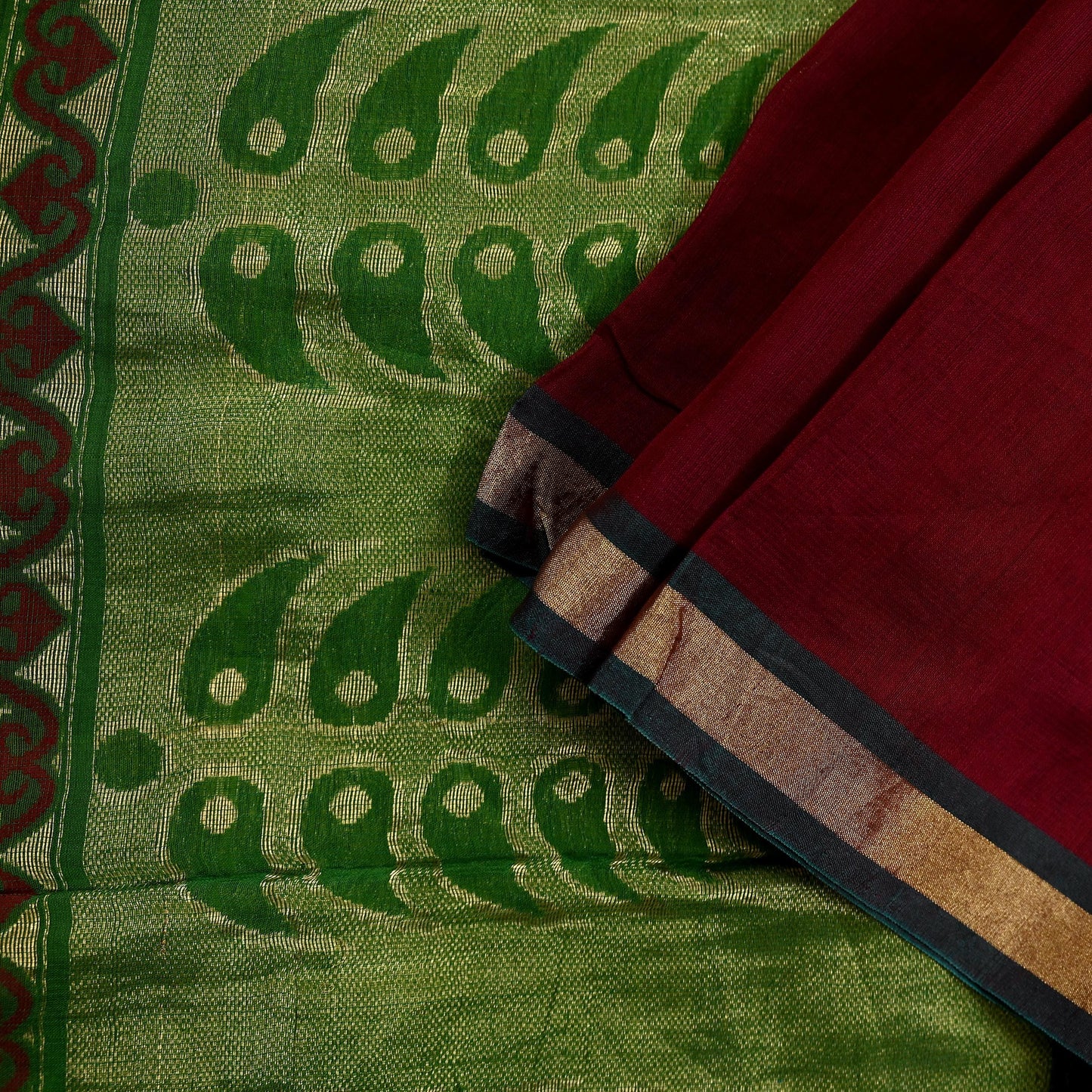 Indian Vintage Dupatta Green & maroon Long Stole Printed Woven Pure Chanderi Silk Indian Scarves Veil Golden Zari Soft Fringes