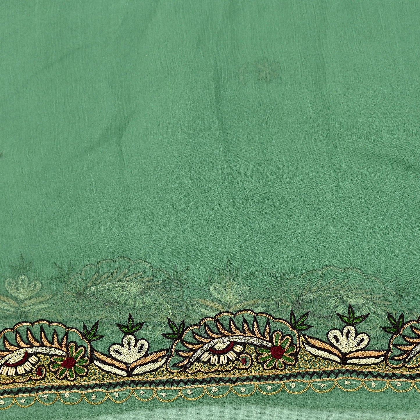 Indian Vintage Green Dupatta Pure Chiffon silk Long Stole Hand Embroidered Scarves Floral Design Stole Veil Wrap Zari Zardozi