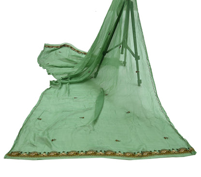 Indian Vintage Green Dupatta Pure Chiffon silk Long Stole Hand Embroidered Scarves Floral Design Stole Veil Wrap Zari Zardozi