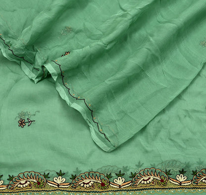 Indian Vintage Green Dupatta Pure Chiffon silk Long Stole Hand Embroidered Scarves Floral Design Stole Veil Wrap Zari Zardozi