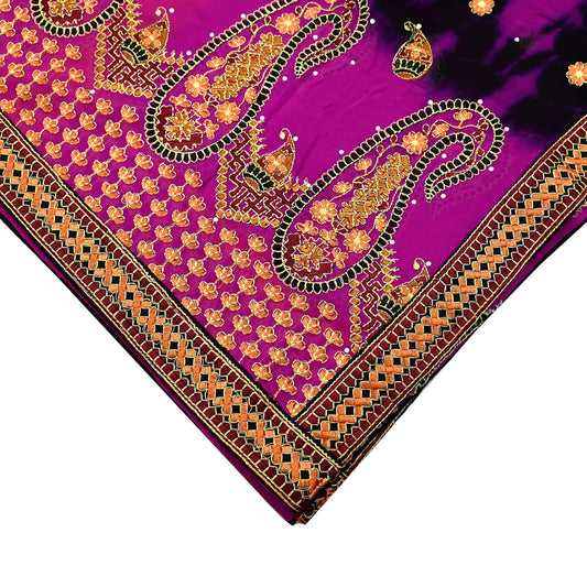 Indian Vintage Dupatta Purple & Black Pure Georgette silk Long Stole Embroidered Tie-Dye Scarves Stole Veil Wrap Sequins Zari