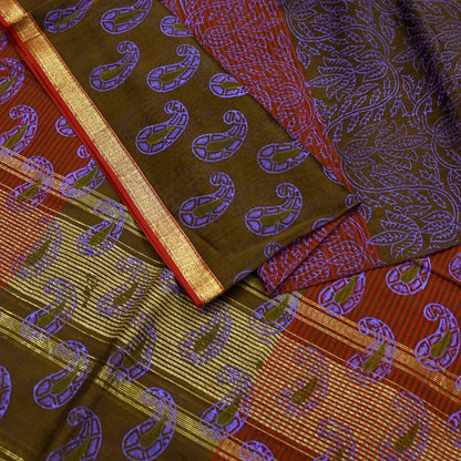 Indian Vintage Dupatta Long Stole Woven Block Painted Pure Chanderi Silk Indian Scarves Veil Golden Zari Floral Design For her