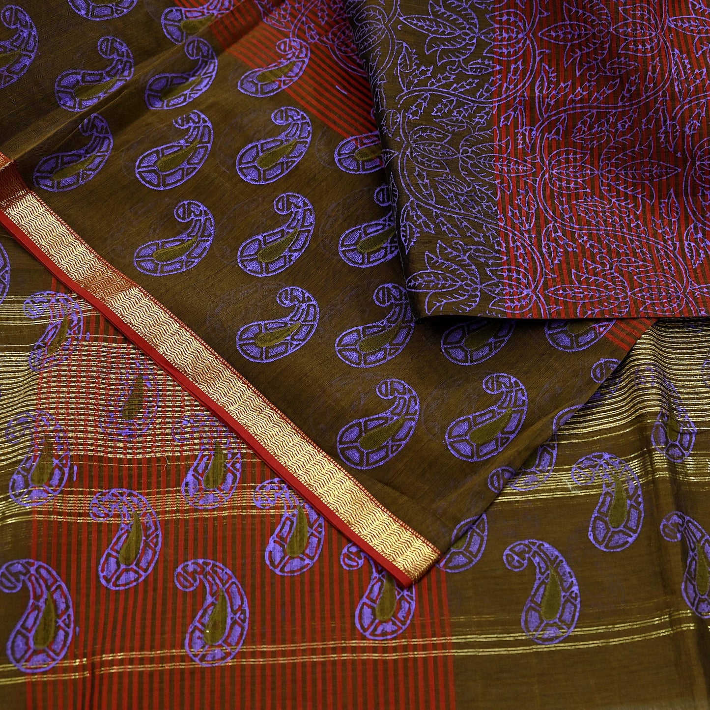 Indian Vintage Dupatta Long Stole Woven Block Painted Pure Chanderi Silk Indian Scarves Veil Golden Zari Floral Design For her
