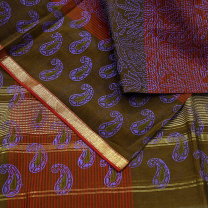 Indian Vintage Dupatta Long Stole Woven Block Painted Pure Chanderi Silk Indian Scarves Veil Golden Zari Floral Design For her