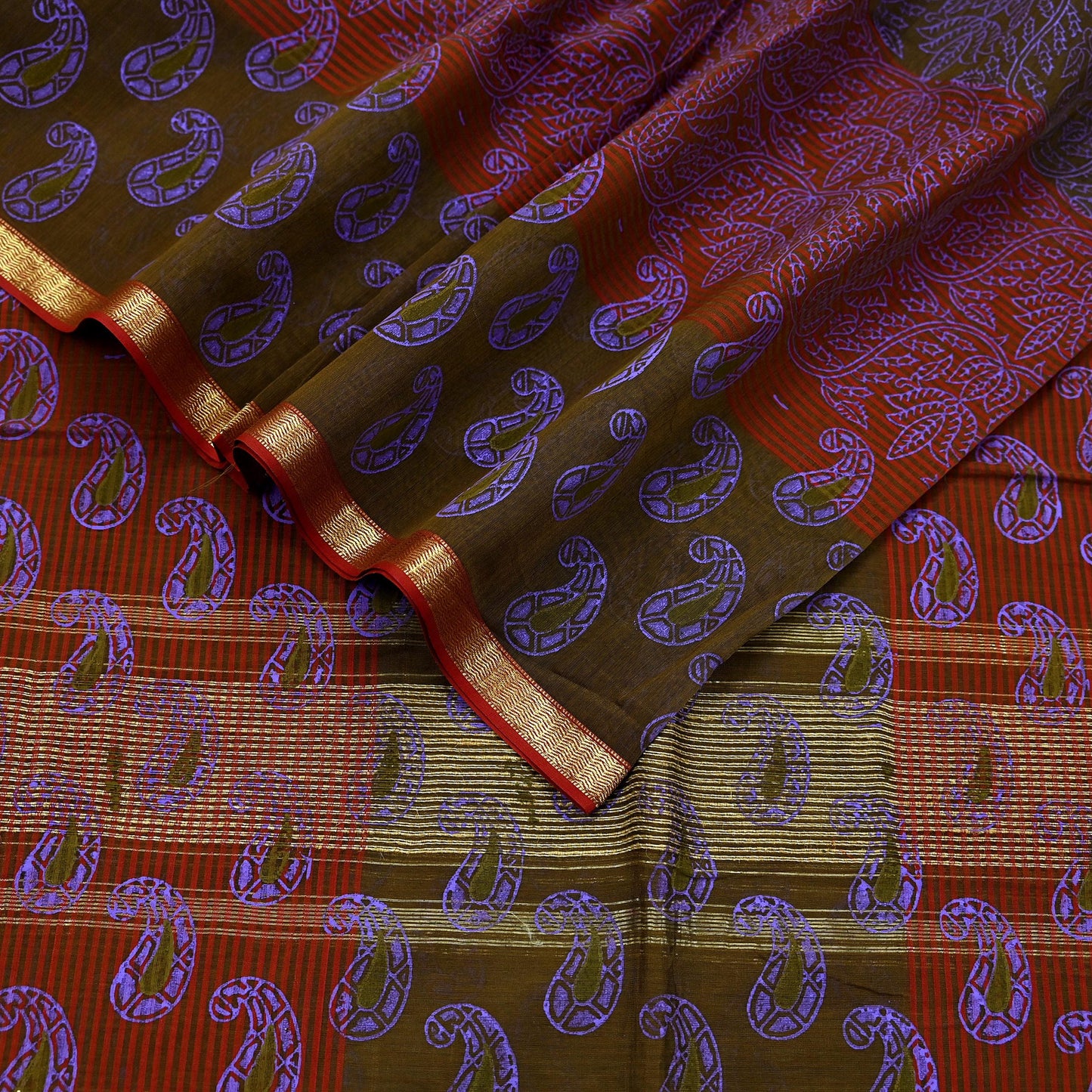 Indian Vintage Dupatta Long Stole Woven Block Painted Pure Chanderi Silk Indian Scarves Veil Golden Zari Floral Design For her