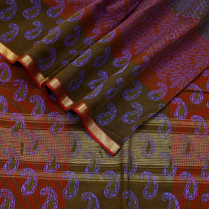 Indian Vintage Dupatta Long Stole Woven Block Painted Pure Chanderi Silk Indian Scarves Veil Golden Zari Floral Design For her