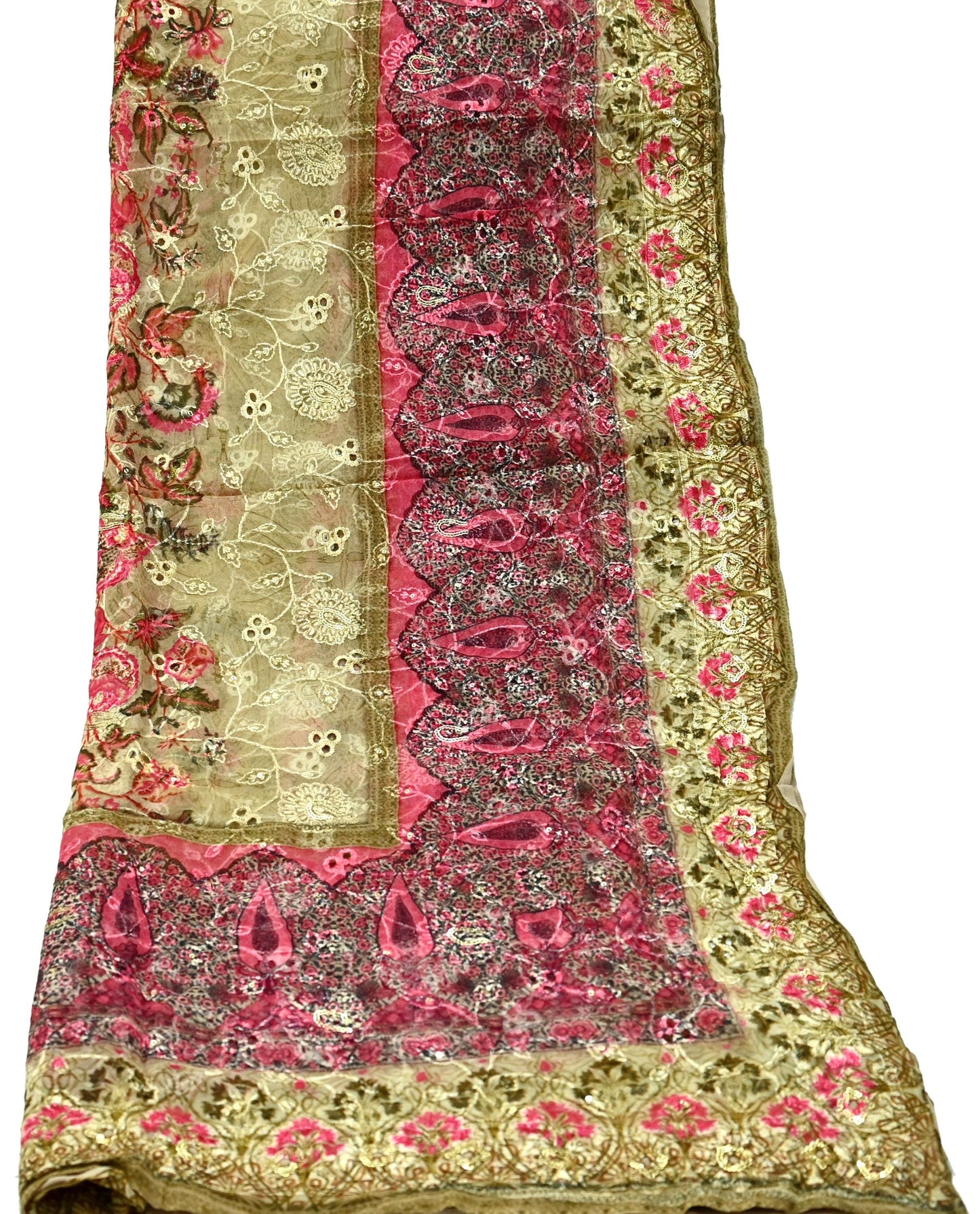 Indian Vintage Dupatta Beige & Pink Pure Georgette silk Long Stole Embroidered Scarves Stole Veil Wrap Sequins Zari