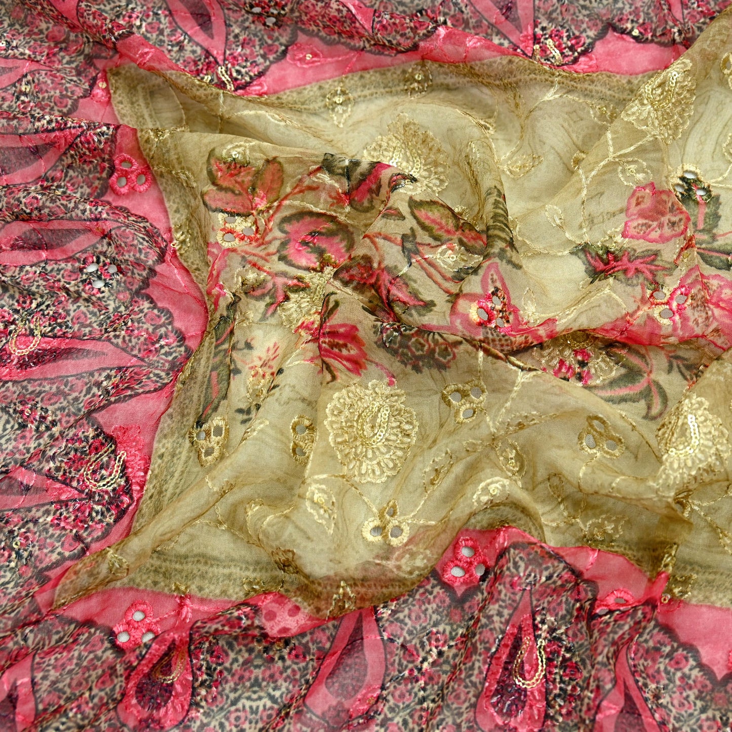 Indian Vintage Dupatta Beige & Pink Pure Georgette silk Long Stole Embroidered Scarves Stole Veil Wrap Sequins Zari