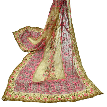 Indian Vintage Dupatta Beige & Pink Pure Georgette silk Long Stole Embroidered Scarves Stole Veil Wrap Sequins Zari