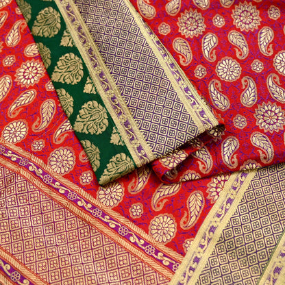 Indian Vintage Red & Green Dupatta Long Stole Pure Satin silk Woven Brocade Banarasi Scarves Veil Scarf Wrap Hippie Boho Soft Floral Zari