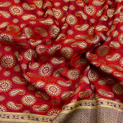 Indian Vintage Red & Green Dupatta Long Stole Pure Satin silk Woven Brocade Banarasi Scarves Veil Scarf Wrap Hippie Boho Soft Floral Zari