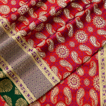 Indian Vintage Red & Green Dupatta Long Stole Pure Satin silk Woven Brocade Banarasi Scarves Veil Scarf Wrap Hippie Boho Soft Floral Zari
