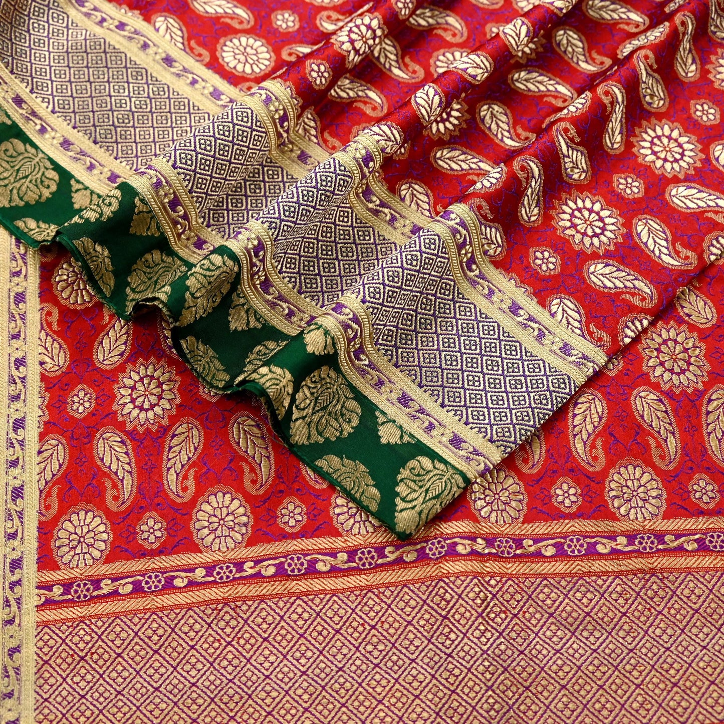 Indian Vintage Red & Green Dupatta Long Stole Pure Satin silk Woven Brocade Banarasi Scarves Veil Scarf Wrap Hippie Boho Soft Floral Zari