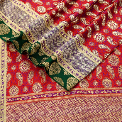 Indian Vintage Red & Green Dupatta Long Stole Pure Satin silk Woven Brocade Banarasi Scarves Veil Scarf Wrap Hippie Boho Soft Floral Zari