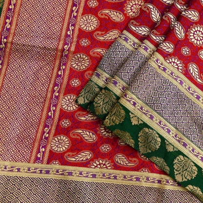 Indian Vintage Red & Green Dupatta Long Stole Pure Satin silk Woven Brocade Banarasi Scarves Veil Scarf Wrap Hippie Boho Soft Floral Zari