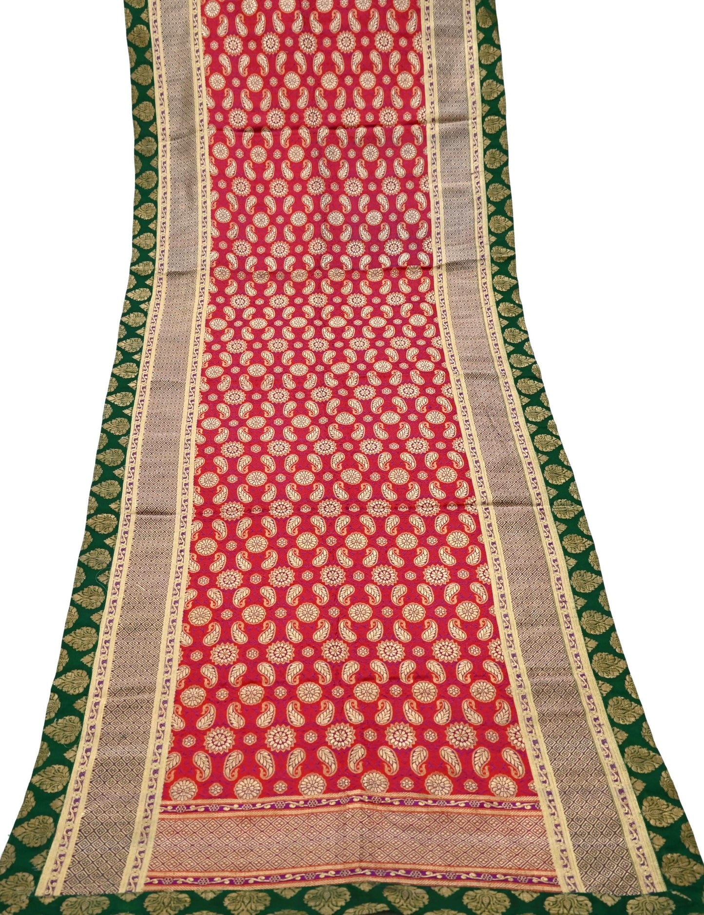 Indian Vintage Red & Green Dupatta Long Stole Pure Satin silk Woven Brocade Banarasi Scarves Veil Scarf Wrap Hippie Boho Soft Floral Zari