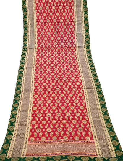 Indian Vintage Red & Green Dupatta Long Stole Pure Satin silk Woven Brocade Banarasi Scarves Veil Scarf Wrap Hippie Boho Soft Floral Zari