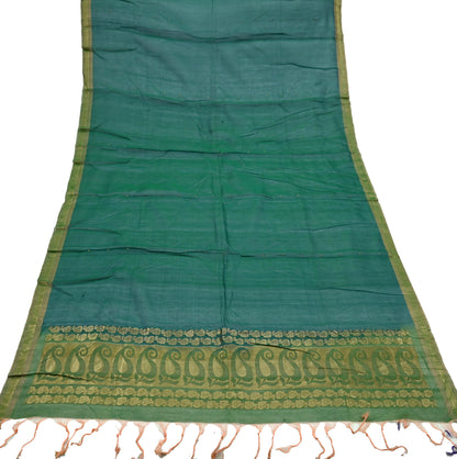 Indian Vintage Dupatta Green Long Stole Printed Woven Pure Chanderi Silk Indian Scarves Veil Golden Zari Soft Fringes