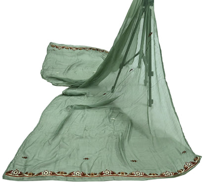 Indian Vintage Green Dupatta Pure Chiffon silk Long Stole Hand Embroidered Scarves Floral Design Stole Veil Wrap