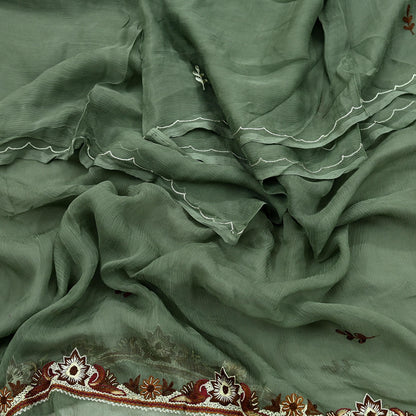 Indian Vintage Green Dupatta Pure Chiffon silk Long Stole Hand Embroidered Scarves Floral Design Stole Veil Wrap