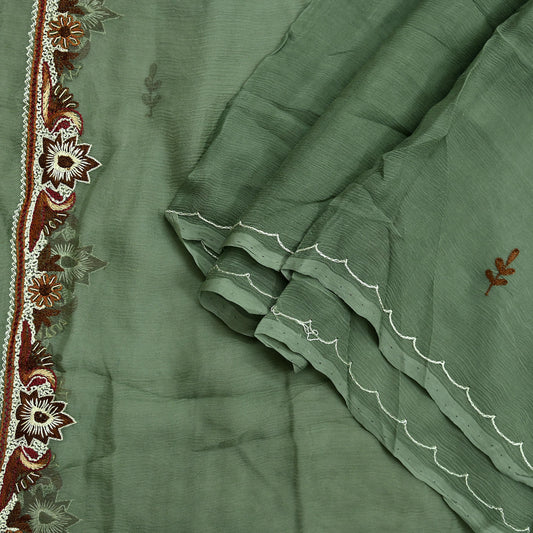Indian Vintage Green Dupatta Pure Chiffon silk Long Stole Hand Embroidered Scarves Floral Design Stole Veil Wrap