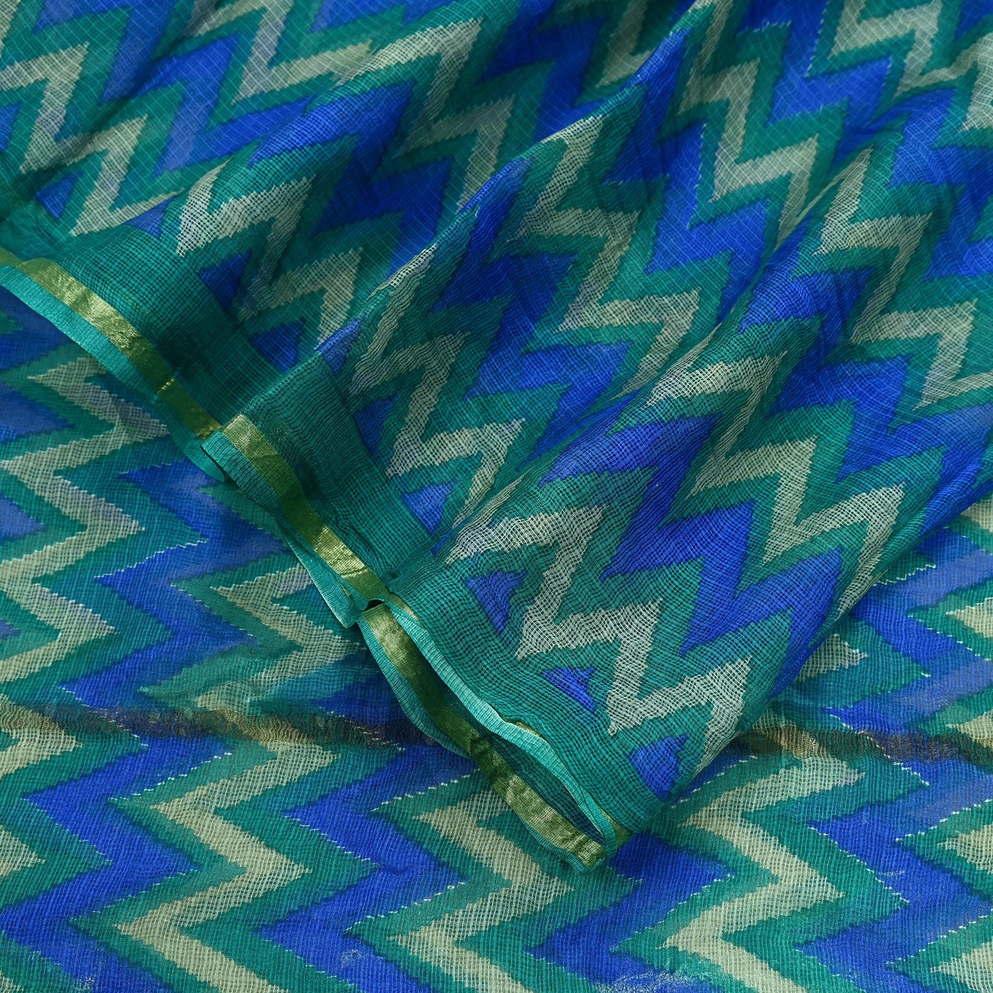 Indian Vintage Green & Blue Dupatta Long Stole Block Print Pure Chanderi Silk Indian Scarves Veil Golden Zari Floral Design For her