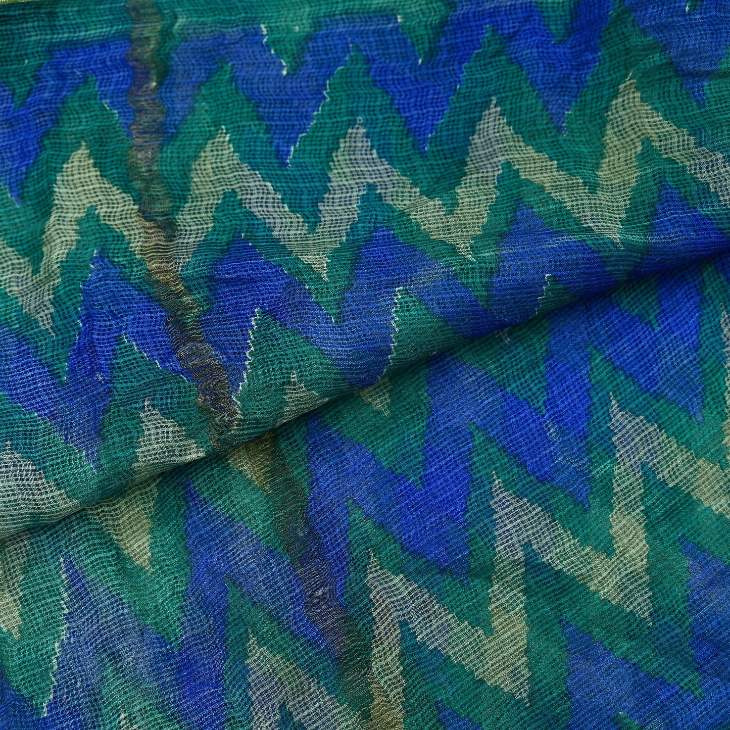 Indian Vintage Green & Blue Dupatta Long Stole Block Print Pure Chanderi Silk Indian Scarves Veil Golden Zari Floral Design For her