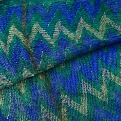 Indian Vintage Green & Blue Dupatta Long Stole Block Print Pure Chanderi Silk Indian Scarves Veil Golden Zari Floral Design For her