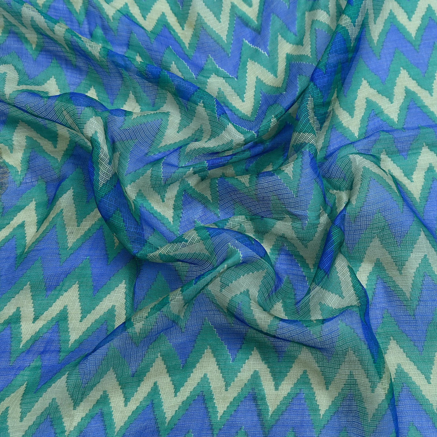 Indian Vintage Green & Blue Dupatta Long Stole Block Print Pure Chanderi Silk Indian Scarves Veil Golden Zari Floral Design For her