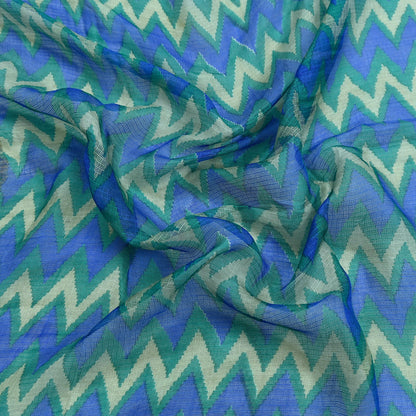 Indian Vintage Green & Blue Dupatta Long Stole Block Print Pure Chanderi Silk Indian Scarves Veil Golden Zari Floral Design For her