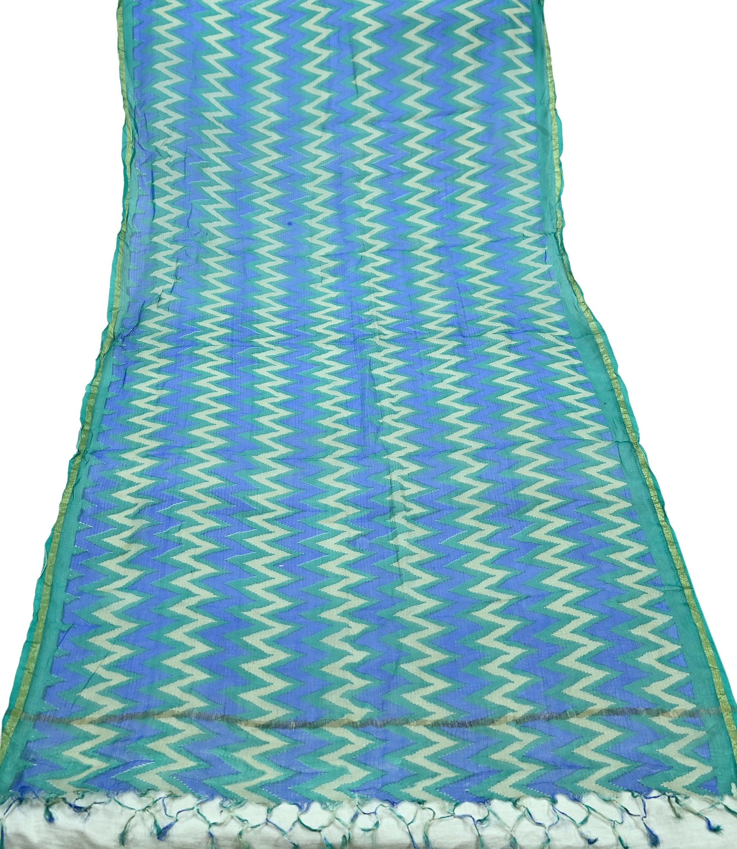 Indian Vintage Green & Blue Dupatta Long Stole Block Print Pure Chanderi Silk Indian Scarves Veil Golden Zari Floral Design For her