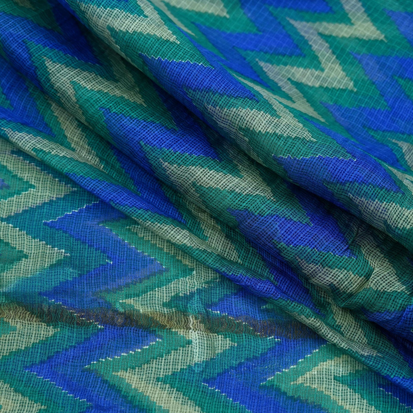 Indian Vintage Green & Blue Dupatta Long Stole Block Print Pure Chanderi Silk Indian Scarves Veil Golden Zari Floral Design For her