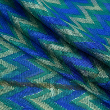 Indian Vintage Green & Blue Dupatta Long Stole Block Print Pure Chanderi Silk Indian Scarves Veil Golden Zari Floral Design For her