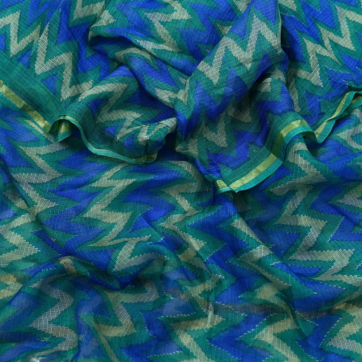 Indian Vintage Green & Blue Dupatta Long Stole Block Print Pure Chanderi Silk Indian Scarves Veil Golden Zari Floral Design For her