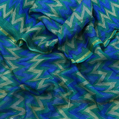 Indian Vintage Green & Blue Dupatta Long Stole Block Print Pure Chanderi Silk Indian Scarves Veil Golden Zari Floral Design For her