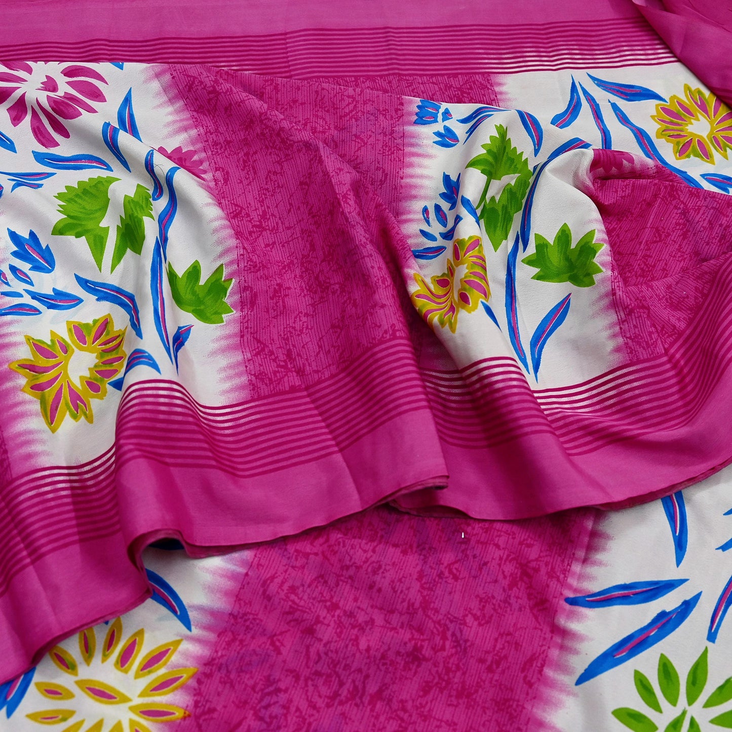 Indian Vintage Sari Ivory & Pink Moss Crepe Printed Sarees 5yd Craft Fabric Sewing Floral Soft Dress making Quilting Crafting Upcycle Used