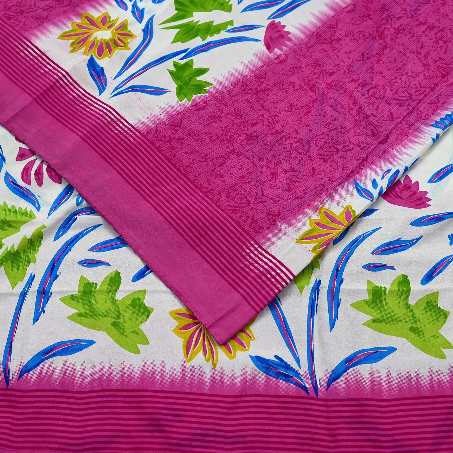 Indian Vintage Sari Ivory & Pink Moss Crepe Printed Sarees 5yd Craft Fabric Sewing Floral Soft Dress making Quilting Crafting Upcycle Used