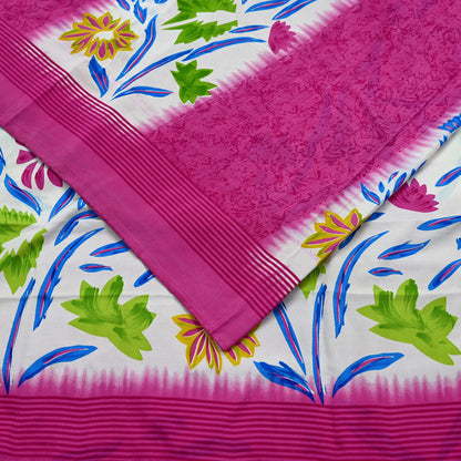 Indian Vintage Sari Ivory & Pink Moss Crepe Printed Sarees 5yd Craft Fabric Sewing Floral Soft Dress making Quilting Crafting Upcycle Used